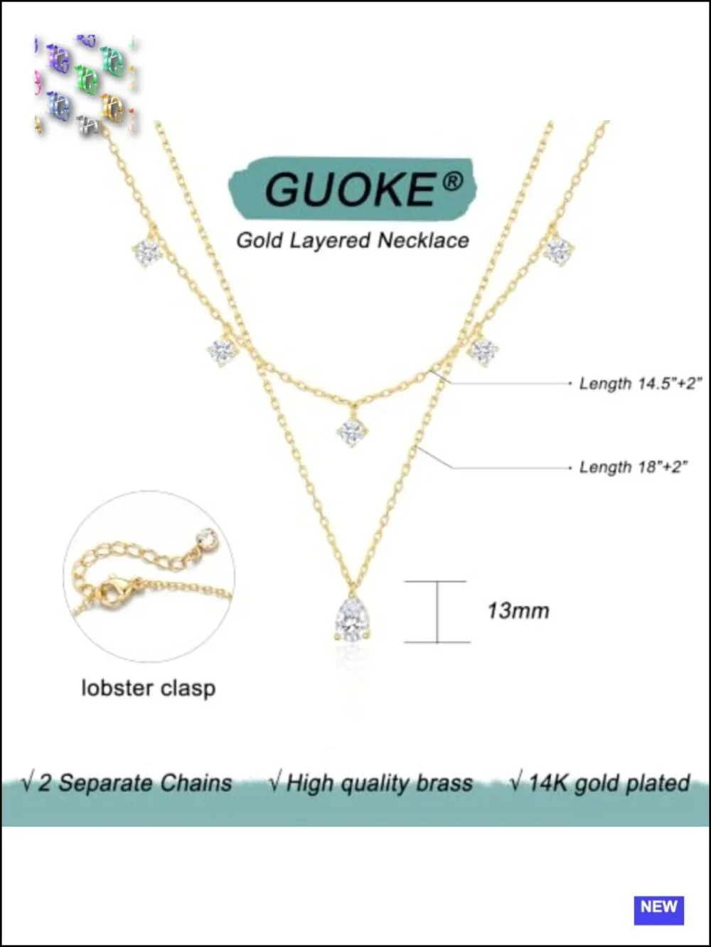 14K Gold Plated Layered Necklace Set with Cubic Zirconia, 2 Separate Chains,
